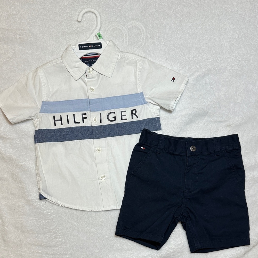 NWOT Tommy Hilfiger  White and Navy Button Down Shirt & shirt set 18 mo